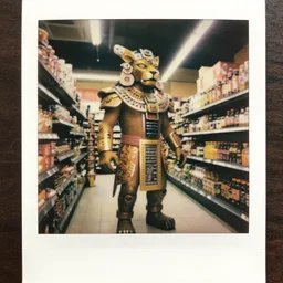low angle vintage photograph of a futuristic mayan jaguar warrior inside a grocery store, shallow depth of field, awkward, out of place, polaroid 6 0 0 color