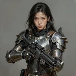 a photorealistic painting of an attractive young girl, partially clothed in metal-plated battle armor, wielding a plasma rifle, dirty olive skin, long dark hair, beautiful bone structure, perfectly symmetrical face, perfect eyes, intricate, elegant, digital painting, concept art, illustration, sharp focus, minimal artifacts, volumetric lighting, from Metal Gear, in the style of Ruan Jia and Mandy Jurgens and Greg Rutkowski, trending on Artstation, award winning