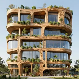 futuristic timber building facade with wi dows and vegetation