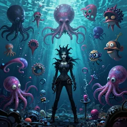 CGI lisa frank gothic punk vampiric rockstar underwater caustics vampire squid background designs of various shapes and sizes by genndy tartakovsky and ruby gloom by martin hsu and the creators of fret nice at pieces interactive and splatoon by nintendo and psychonauts by doublefines tim shafer being overseen by Jamie Hewlett from gorillaz for splatoon by nintendo