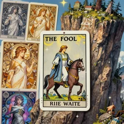 the fool tarot card rider waite, magic realism, huge cliff filling right half of image, fantasy, whimsical, art by josephine wall, art by pamela colman smith, league of legends splash art, hearthstone splash art, world of warcraft splash art, art by artgerm, art by alphonse mucha, trending on artstation