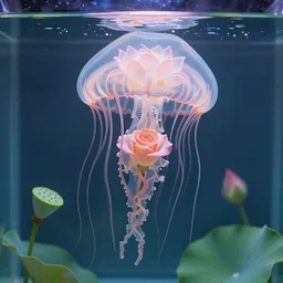 lotus swimming in aquarium like a jellyfish, transperent jellyfish head covers with lotus, tentacles as rose, photographic, cinematic, photorealistic, volumetric lighting, detailed, smooth, artstation, octane render, wolp