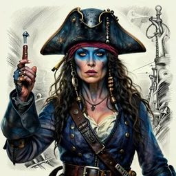 portrait, old pirate female captain with blue skin, Dynamic lighting, cinematic, establishing shot, extremely high detail, foto realistic, cinematic lighting, pen and ink, intricate line drawings, post processed, concept art, artstation, matte painting, style by Raphael Lacoste, Eddie Mendoza