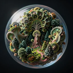 miniature symmetrical psychedelic fractal forest in a magic sphere