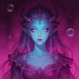 portrait of magical daemon, dark fantasy, gradient magenta cyan, dreamy and ethereal, (colour) eyes, one head, golden ratio, peaceful expression, ornate frilly dress, fantasy, intricate, elegant, rainbow bubbles, highly detailed, digital painting, artstation, concept art, smooth,b sharp focus, illustration, art by artgerm and greg rutkowski and alphonse mucha