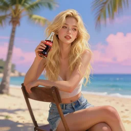 a beautiful blond asian girl on chair hold coke in mediterranean beach, palm tree, majoy dreamlike sky,, cinematic lighting, highly detailed, digital painting, trending on artstation, pixiv, masterpiece, concept art, sharp focus, laura sava illustration, art by ross tran and wlop, ilya kuvshinov, jeremiah ketner