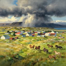 a beautiful painting of a icelandic farm, icelandic horses galloping, storm clouds gathering over the town, by studio ghibli 8 k pastel colours, isometric, three point perspective, drone shot, smeared watercolours, golden light, film grain