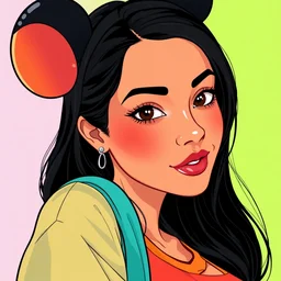 woman, black hair, tan skin, curvy, slight resemblance to selena gomez wearing disney mickey's ears headband. colorful clothes. clean cel shaded vector art. shutterstock. behance hd by lois van baarle, artgerm, helen huang, by makoto shinkai and ilya kuvshinov, rossdraws, illustration,