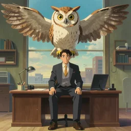 Twin Peaks movie poster artwork by Tomer Hanuka Rendering of the Mayor sitting on sitting on desk posing for photo with an giant owl floating above it his head, full of details, by Makoto Shinkai and thomas kinkade, Matte painting, trending on artstation and unreal engine