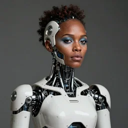 a beautiful intricate fine art portrait of lupita nyong'o as a humanoid with cybernetic implants, half face painted with face paint, by tom bagshaw and natalie shau, white mechanical industrial robot torso, cybernetic scifi, cyborg, studio lighting, golden ratio composition, deep depth of field, 3 5 mm lens, artstation, highly coherent, 8 k, masterpiece!