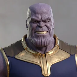 Up Close photo of Thanos with a goofy grin, silly smile trending on artstation