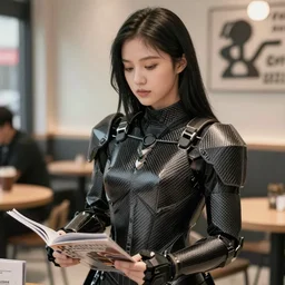 young aduly asian woman in a coffee shop wearing low poly carbon fiber armor, magazine photo, 5 0 mm