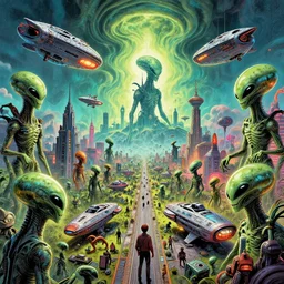 lsd trippy comic book retro scifi alien invasion, trippy, aliens, scifi creatures, spaceships, highly detailed, busy, imaginative, photorealistic pulp art - h 3 0 0 0