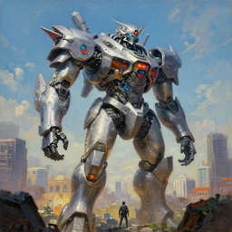 a giant thai architecture city bladerunner mecha, tim hildebrandt, wayne barlowe, bruce pennington, donato giancola, trending on artstation, cinematic composition, beautiful lighting, hyper detailed, 8 k, oil on canvas