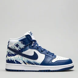 nike high top sneakers concept shot, designed with ocean wave motifs in the style of hokusai