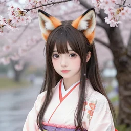 an sketch art of a cute girl with fox ears wearing kimono at a sakura tree by asia ladowska, rainy day, 8 k resolution, oc commission, face drawing, high quality, highly detailed, long hair, illustration