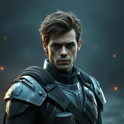 portrait harry styles with a mjolnir powered assault armor, style artstation, style greg rutkowsk, octane render, unreal engine 6, epic game graphics, fantasy, ciberpunk, conceptual art, ray tracing