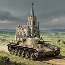 a mobile driving ornate cathedral church as tower mounted on a tank with chain drive, warhammer 4 0, scene in an open field. key visual, conceptart, ambient lighting, highly detailed, digital painting, artstation, concept art, sharp focus, by makoto shinkai and akihiko yoshida and kris kuksi