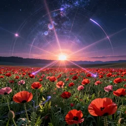 landscape by liam wong, at dawn poppy cyberpunk magic realism futuristic myst synthwave at dusk laser flowers fisheye cosmic, archdaily, wallpaper, highly detailed, trending on artstation.