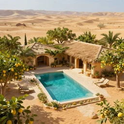 adobe villa with rectangle pool surrounded by lemon trees in the desert, game of thrones, volumetric lighting, fantasy artwork, very beautiful scenery, very realistic painting effect, hd, hdr, cinematic 4 k wallpaper, 8 k, ultra detailed, high resolution, artstation