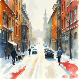 abstract watercolor painting of stockholm street, magic diamond crystal winter, traditional, cinematic light, sharp shadows, daylight, national romanticism by anders zorn, by greg rutkowski, by greg manchess