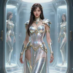 Lalisa Manobal as a beautiful celestial pearlescent Goddess wearing a futuristic lush Greek battlesuit exposed in cryo chambers, intricate, elegant, highly detailed, centered, digital painting, artstation, concept art, smooth, sharp focus, illustration, by Peter Mohrbacher, WLOP