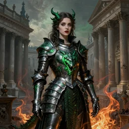 Gothic princess girl in dark and green dragon armor on a neoclassical city. By (Rembrandt painting(100)(fractal flame)), highly detailded