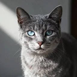 a gray cat with a white patch and light blue eyes