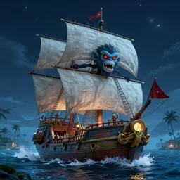 a monstrous ghost ship with LeChuck aboard, approaching Monkey Island in the Carribean at night, an award-winning high-quality digital art