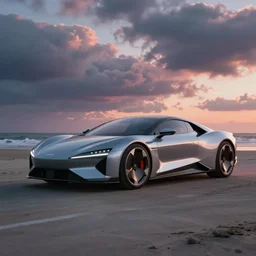 futuristic luxury car from the year 2052, professional studio photography, award winning, dramatic lighting, clouds, colorful sunset, at the beach
