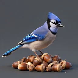 blue jay with a pile of acorns, digital art, clean style, unreal engine
