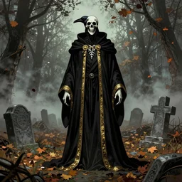 style of David Baldeon comic art and Joshua Middleton comic art, death with a crow head long black robes with gold trim full body, graveyard scene, autumn weather foggy, spooky creepy, beautiful, intricate, 8K, high quality