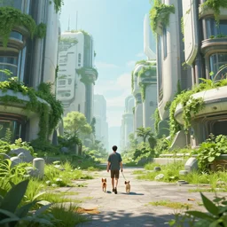 man walking his dog in an abandoned futuristic city covered by vegeration, sunset, bright light, hyperdetailed, artstation, cgsociety, 8 k