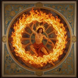 breathtaking detailed painting of a fire dancer, christian saint, in the middle of a rosace of flames, ornate background with art nouveau frame, by Hsiao-Ron Cheng, Rebecca guay,