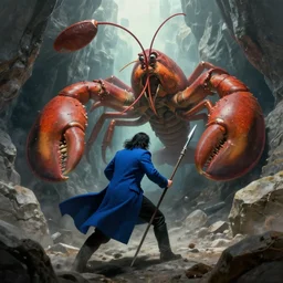 a man with a long wavy black hair wearing a long blue coat and holding a spear about to fight a giant lobster monster in a rocky chasm. dreamy fantasy art by greg rutkowski