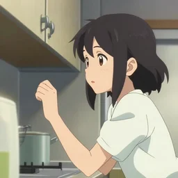 anime film visual portrait of a young woman looking in a kitchen cabinet from a distance, finely detailed facial features, cute face by ilya kuvshinov, makoto shinkai, katsura masakazu, kyoani, dynamic pose, crisp and sharp, yoshinari yoh, anime poster, ambient light, 4 k
