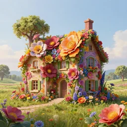 a hiper intricate 3 d artwork of a beatifull house made from big flowers in the serene field, intricate, highly detailed, digital painting, artstation, concept art, extremely detailed, sharp focus, octane render wide view, smooth, digital illustration, colorfull, by vlop, by hieronimus bosch
