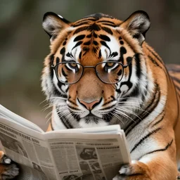a close - up portrait of a tiger, reading newspaper, wearing glasses, digital art