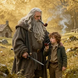 Gandalf and Bilbo smoking pipe in the Shire, highly detailed, whimsical, fantasy style, golden layers by Don Maitz, trending on Artstation, 4K