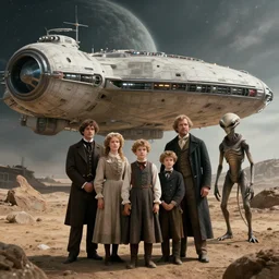highly detailed, 65536k film still from a sci fi blockbuster color movie made in 2019, set in 1860, of a family standing in front of a spaceship that has just landed on an alien planet, a humanoid alien creature stands nearby, the family are all wearing 1860s era clothes, good lighting, good photography