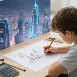 a kid drawing of a futuristic city