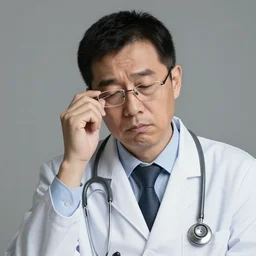 a tired male doctor portrait, broken spectacles, stethoscope, baggy eyes, artstation trending, 8k, 4k, 2k, hd, close mid-shot