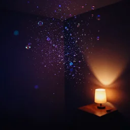 hundreds of tiny bubbles floating in a dark room and a single lamp illuminating the darkness from the corner, vivid colours, soft bokeh, LSD, stylish,