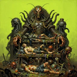 oils of 4 character, tiered grimy viscera laying on throned insect god machines, cluster tiered heirarchy, battle chaos, final battle, oppressive dystopian, by wayne d barlowe, francesco blanc, jack gaughan, simon bisley, geof darrow, alex nino, enric torres, hyper realism, narrative light, neon lime colors, epic, classic fine art