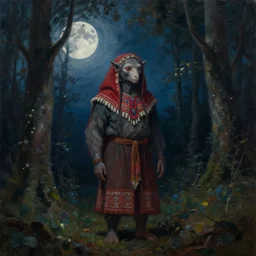surreal oil painting of folk legend creature in the forest, dim light, artistic moon