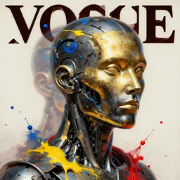3 d, metalic black and gold head of cyborg, vogue cover style, paint splatters blue and yellow and red paint splashes, paint drops whirling in the air, 3 d poster art high detail, 3 d intricate oil painting, multiple exposure, stanley kubrick mood, hyperrealism, 3 d, by tooth wu and wlop and beeple and greg rutkowski