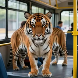 photo of a tiger taking the bus, highly - detailed reaslistic