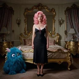 “A 1976 high resolution, wide shot, cinematic movie scene of a woman face with large pink hairstyle. She is standing in a nightgown as a house wife in an ornate Gucci fashion photoshoot bedroom. There is posh gold furniture and a blue fluffy monster with glowing eyes. The photograph has a moody atmosphere”