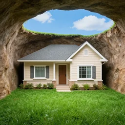 photo of a suburban house inside an underground bunker, fake grass, fake sky, fake windows