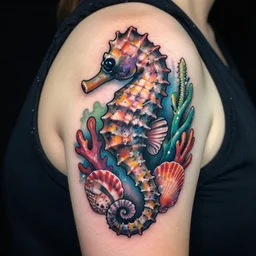photo of a shoulder tattoo of a trippy seahorse surrounded by multicolored seashells and corals, very detailed